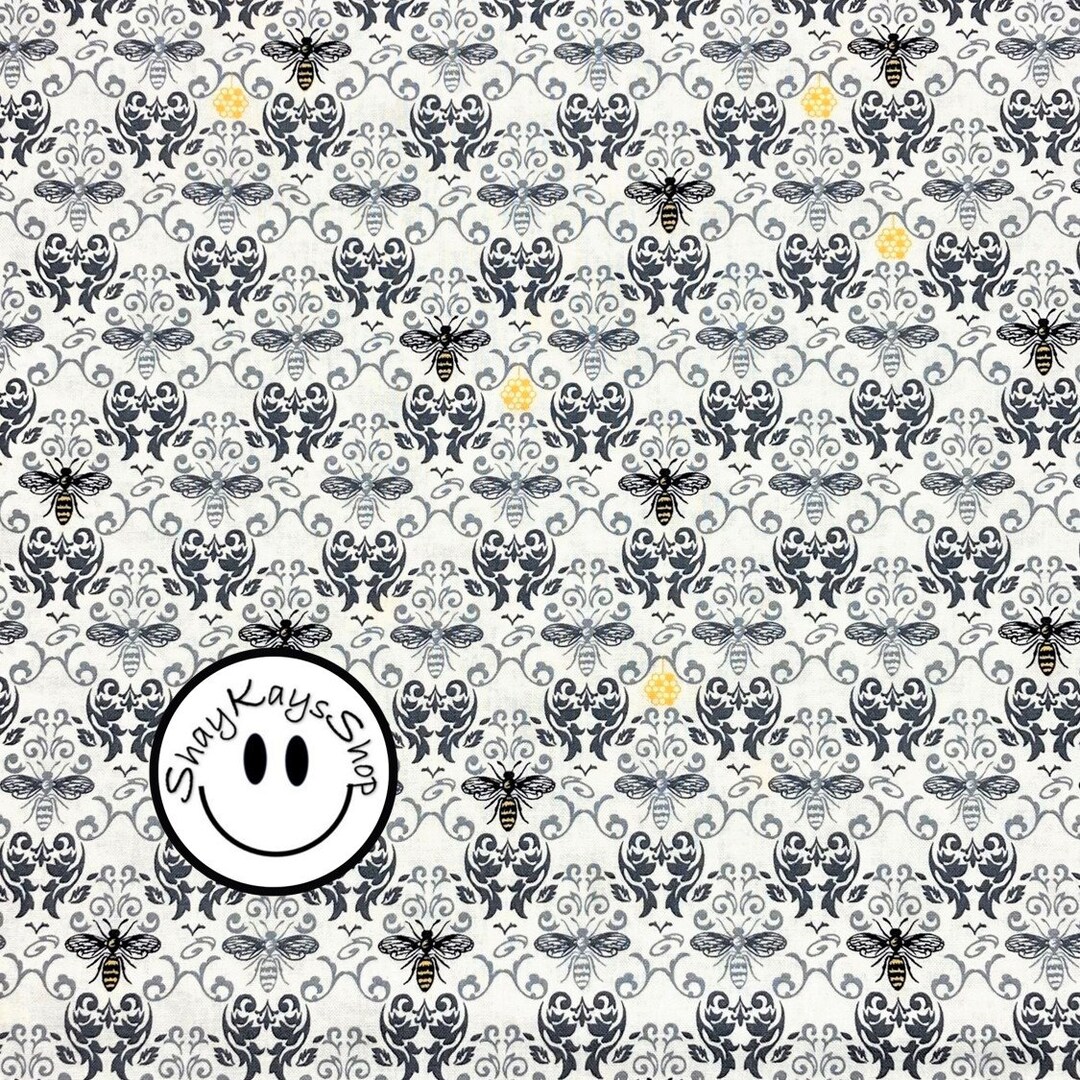 Precut 1/4 Quarter Yard Novelty Bee Fabric, Damask Print Honeybees Gray