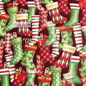 Christmas Holiday Large Packed Stockings Brother Sister Design Studio, 100% Cotton Quilt Fabric, Priced By Half Yard