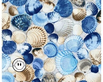 Precut 1/2 Half Yard Shell Fabric, Timeless Treasures Pack Seashells C1236 Shades of Blue Beige Brown, 100% Cotton Sewing Quilting Crafts