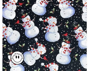 Precut 1/4 Quarter Yard Christmas Holiday Snowman Fabric, Tossed Snowmen Red Birds Falling Snow, 100% Cotton, Brother Sister Design Studio