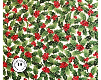 Christmas Holly Fabric, Hi Fashion Holly Leaves & Red Berries Cream White Fabric, By the Yard, 100% Cotton Fabric Sewing Quilting Crafts