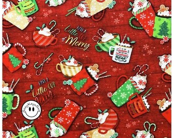 Precut 1/2 Half Yard Christmas Theme Hot Cocoa Chocolate Oasis Fabrics Noel Holiday Collection Red 595331, 100% Combed Cotton Digital