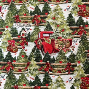 Christmas Half Yard & BTY Fabric Cuts, Pine Trees Fences Red Truck Susan Winget CP64379, Winter Woodland, 100% Cotton, Price Per Half Yard