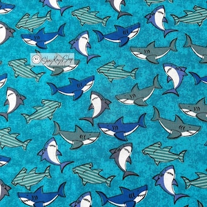 Half Yard & BTY Fabric Cuts, Novelty Packed Sharks Blue Designed Exclusively for JoAnn, 100% Cotton Quilt Fabric, Price Per Half Yard
