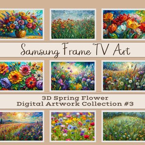 Puede incluir: Un collage de nueve pinturas digitales que presentan flores de primavera vibrantes en varios colores y estilos. Las pinturas están dispuestas en una cuadrícula con el texto "Samsung Frame TV Art" y "Colección de obras de arte digitales 3D de flores de primavera n.º 3" en la parte superior e inferior.