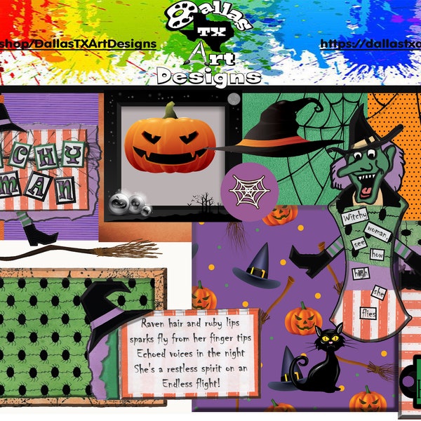 Kit di pagine clipart per album digitale di Halloween con donna stregata