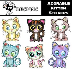 Ensemble d'autocollants imprimables numériques clip art chatons mignons #2 | 6 designs uniques de chatons à fourrure et aux grands yeux pour le scrapbooking ou d'autres créations