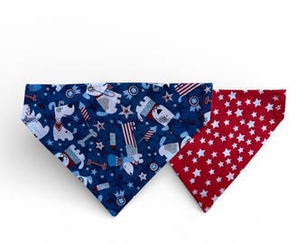 Reversible Dog Bandana | Patriotic 4th of July, Over Collar