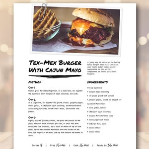 Könnte beinhalten: Eine Rezeptkarte für einen Tex-Mex-Burger mit Cajun-Mayo. Das Rezept enthält Zutaten wie Rinderhackfleisch vom Roastbeef, Jalapeño-Pfeffer, Zwiebel, Knoblauch und Worcestershire-Sauce. Das Rezept enthält auch Anweisungen zum Zubereiten der Burger-Patties und zum Zusammenbauen der Burger.