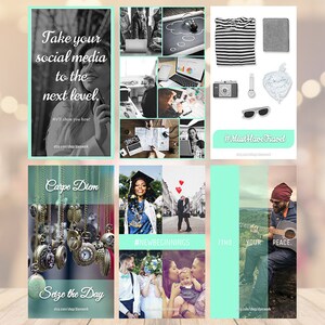 May include: A collage of nine Instagram and Facebook post templates with a teal green background. The templates feature various images and text, including "Take your social media to the next level", "Carpe Diem", "Seize the Day", "#MustHaveTravel", "#NEWBEGINNINGS", "FIND YOUR PEACE", and "INSTAGRAM + FACEBOOK + TWITTER TEMPLATES".