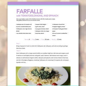 Peut inclure: Une recette de pâtes Farfalle aux tomates, oignons et épinards. La recette comprend des ingrédients tels que l'ail, l'origan, les tomates cerises, le vinaigre de vin blanc, les épinards, le parmesan et la feta. La recette est pour 8 personnes et prend 25 minutes à préparer.