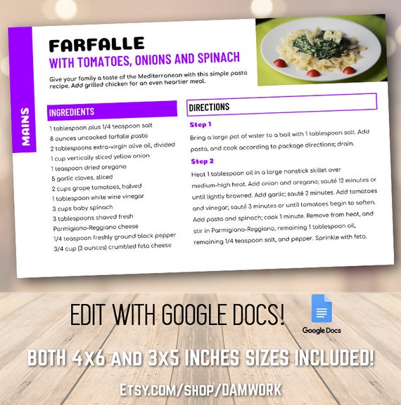 colorful recipe card template 4x6 and 3x5 inch sizes printable editable customizable personalized index cards modern style typography purple 3x5 index card template