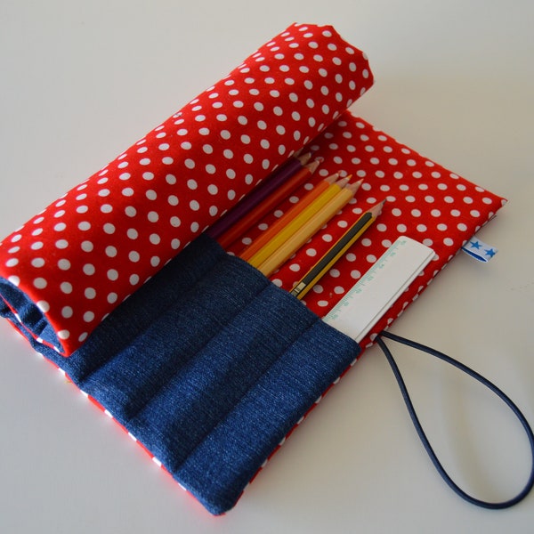 Roll case, pencil case, pencil name red, Christmas gift, Handmade, Kids