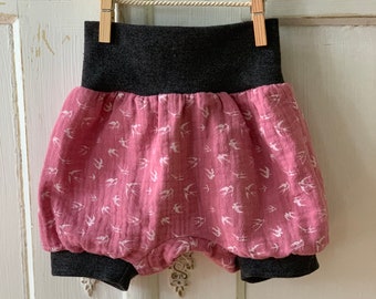 Pumphose Baby Babyhose kurz Vögel rosa Musselin