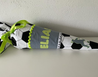 Schultüte aus Stoff Fußball rauchblau neongelb