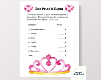 Princess theme the Price is Right, Royal baby shower game, Princess theme game