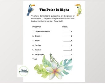 Baby price is right, Tropical baby shower, Baby shower activity, Group games, Fun shower games, Tropical theme