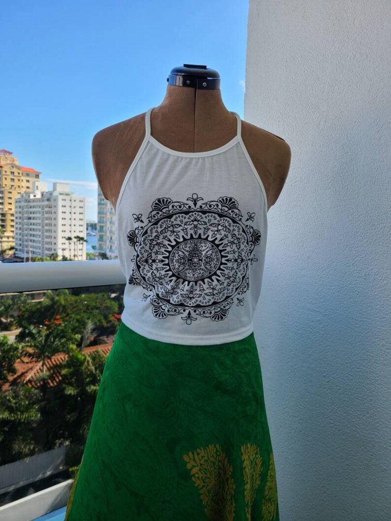 White /& black henna boho halter summer top that goes with everything Bohemian hippie style ties in back