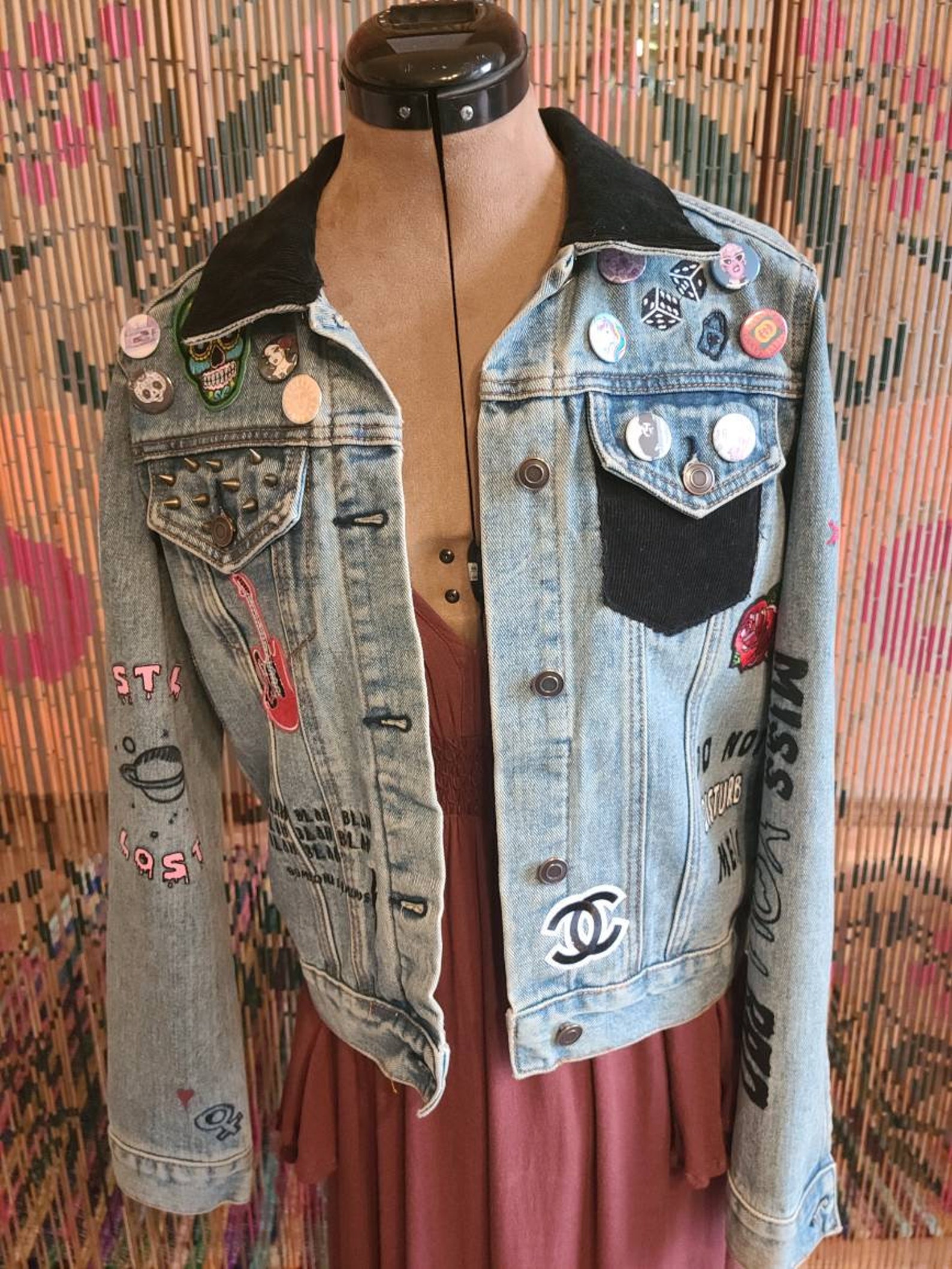 Denim jean jacket patches pins spikes graffiti art black Etsy