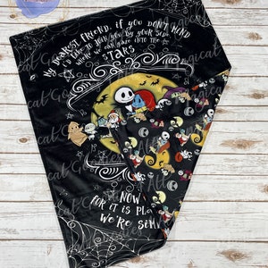May include: Black blanket featuring characters from The Nightmare Before Christmas. The design includes Jack Skellington, Sally, and other characters against a moonlit background. Text includes "My dearest friend..." and "Now for it is plain we're simply meant to be."