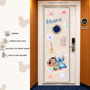 May include: A rectangular door magnet featuring a tropical theme with the text Ohana, a blue porthole, a pink camera, hibiscus flowers, a surfboard, a ukulele, a tiki statue, a rainbow, and cartoon characters Lilo and Stitch on a beach towel.