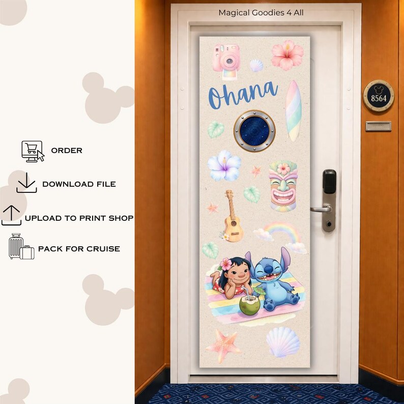 May include: A rectangular door magnet featuring a tropical theme with the text Ohana, a blue porthole, a pink camera, hibiscus flowers, a surfboard, a ukulele, a tiki statue, a rainbow, and cartoon characters Lilo and Stitch on a beach towel.