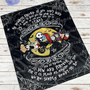 May include: Black plush blanket featuring characters from The Nightmare Before Christmas. The blanket has a central design with Jack Skellington, Sally, and other characters in front of a yellow moon. Text includes "My dearest friend..." and "Now and forever."