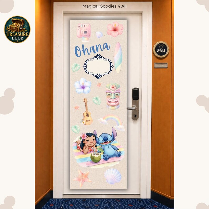 May include: A rectangular door magnet featuring a light beige background with the text Ohana, a camera, hibiscus flowers, a surfboard, a ukulele, a tiki mask, a rainbow, a cartoon girl, a blue alien character, a coconut drink, and seashells.