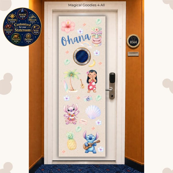 Banner para la puerta de un crucero Disney / Decoración de Lilo & Stitch para la puerta del crucero / Número de camarote personalizado / Estilo de puerta de barco personalizado