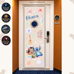 May include: A rectangular door magnet featuring a light beige background with the text Ohana, a blue porthole, a pink camera, hibiscus flowers, a surfboard, a ukulele, a tiki mask, a rainbow, a starfish, a seashell, and Lilo and Stitch.