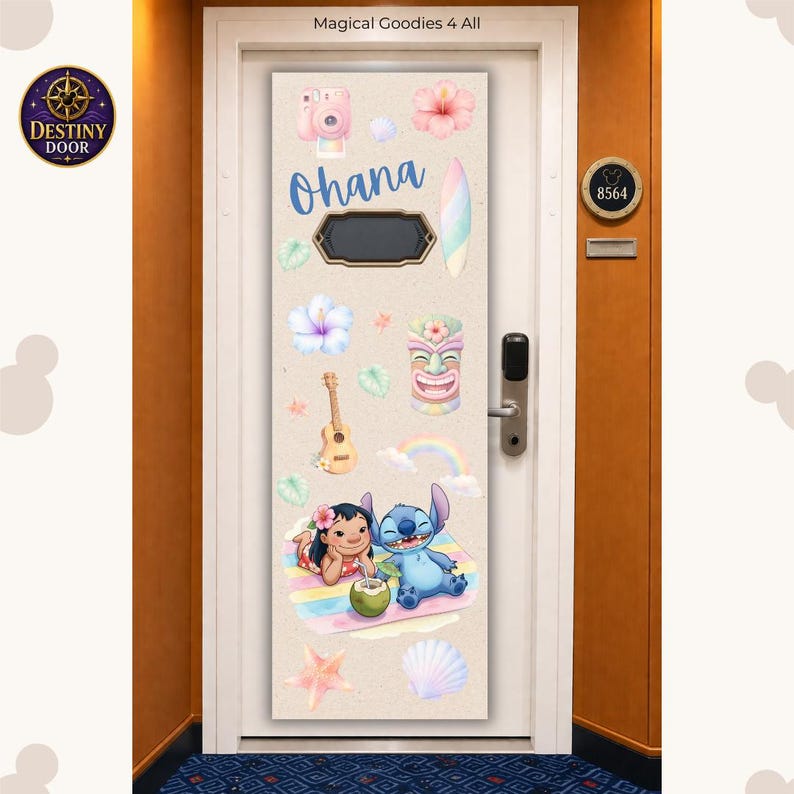 May include: A rectangular door cover featuring a beige background with the text Ohana, a pink camera, hibiscus flowers, a surfboard, a ukulele, a tiki mask, a rainbow, a seashell, a starfish, and cartoon characters Lilo and Stitch on a beach towel.