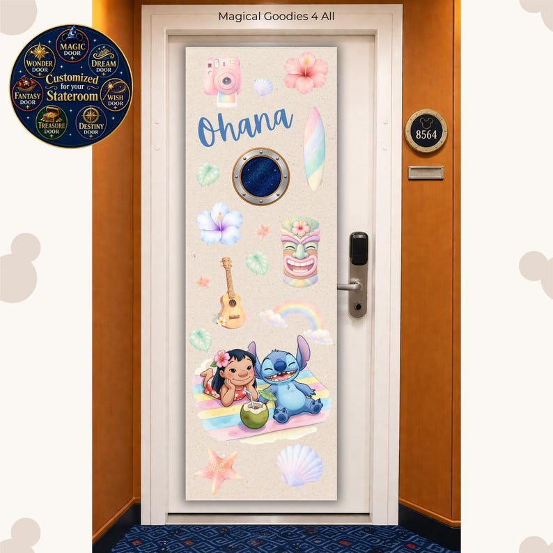 May include: A rectangular door magnet featuring a light beige background with the text Ohana in blue script. The design includes a camera, hibiscus flowers, a surfboard, a ukulele, a tiki mask, a rainbow, a starfish, a seashell, and Lilo and Stitch.