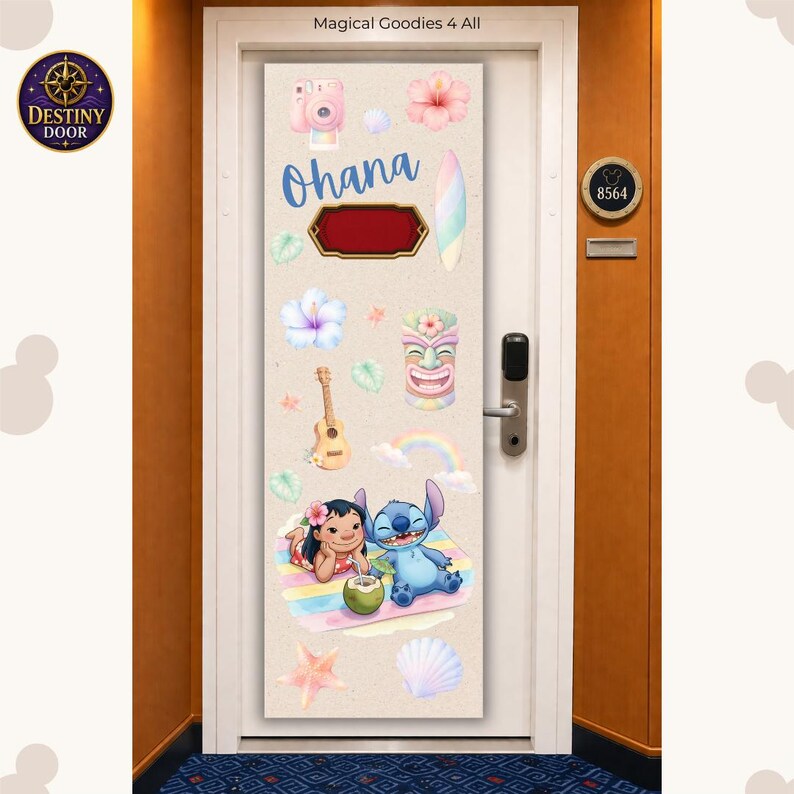 May include: A rectangular door cover featuring a beige background with the text Ohana, a pink camera, hibiscus flowers, a surfboard, a ukulele, a tiki mask, a rainbow, a seashell, a starfish, and cartoon characters Lilo and Stitch.