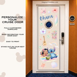 May include: A vertical door magnet featuring a tropical theme with the text Ohana, a porthole, a pink camera, hibiscus flowers, a surfboard, a ukulele, a tiki mask, a rainbow, and cartoon characters Lilo and Stitch on a beach towel.