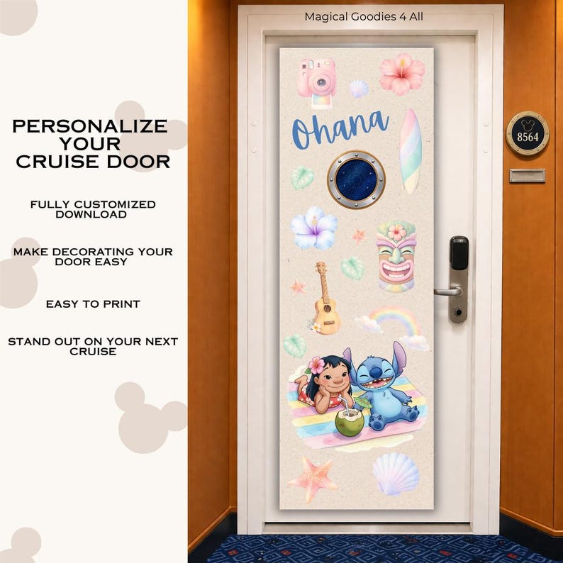 May include: A vertical door magnet featuring a tropical theme with the text Ohana, a porthole, a pink camera, hibiscus flowers, a surfboard, a ukulele, a tiki mask, a rainbow, and cartoon characters Lilo and Stitch on a beach towel.