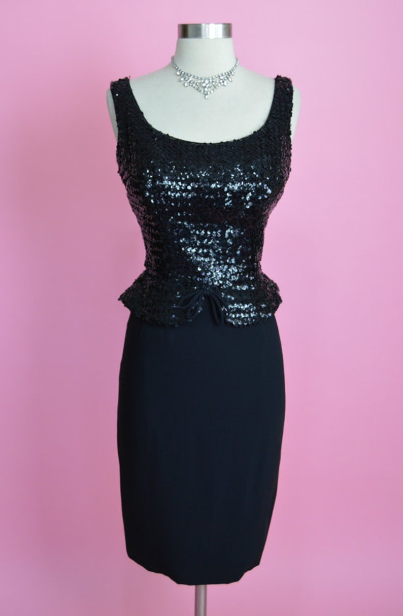 1950s Black Sequin Peplum Cocktail Wiggle Dress image 2