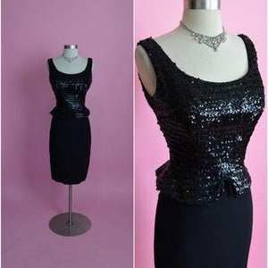 1950s Black Sequin Peplum Cocktail Wiggle Dress image 1