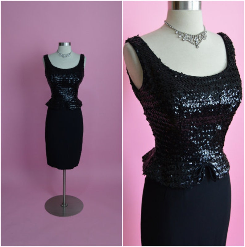 1950s Black Sequin Peplum Cocktail Wiggle Dress image 1