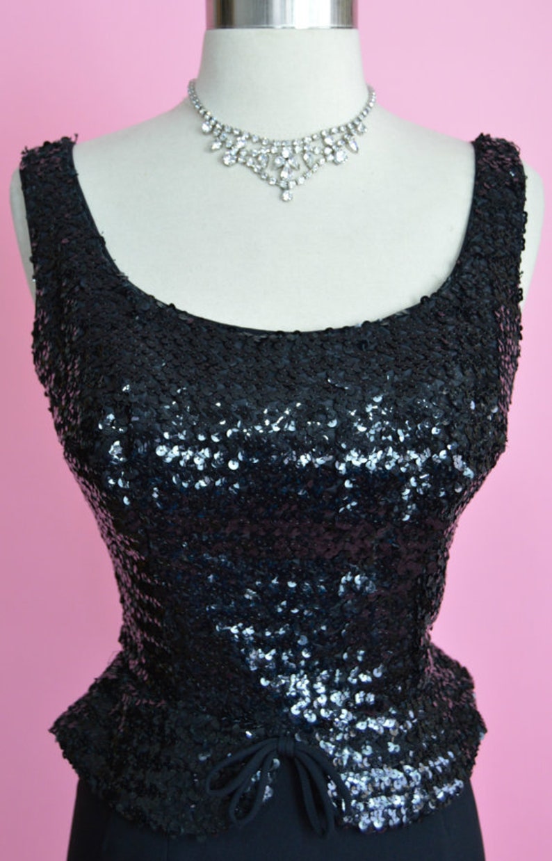 1950s Black Sequin Peplum Cocktail Wiggle Dress image 3