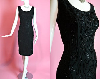 1950s Vintage Kay Selig New York Black Beaded Wiggle Dress Cocktail Dress Little Black Dress 29" Waist Medium