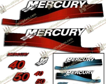 May include: A set of Mercury outboard motor decals in red, black, and blue. The decals include the Mercury logo, the words "Mercury" and "40 50 60", and a wave design.