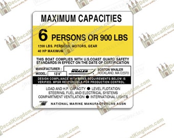 May include: A yellow and black boat capacity sticker with the text "MAXIMUM CAPACITIES 6 PERSONS OR 900 LBS 1200 LBS. PERSONS, MOTORS, GEAR 40 HP MAXIMUM" and the text "THIS BOAT COMPLIES WITH U.S.COAST GUARD SAFETY STANDARDS IN EFFECT ON THE DATE OF CERTIFICATION" and the text "MANUFACTURER: BOSTON WHALER ROCKLAND, MA 02370 MODEL: 13'4"  DESIGN COMPLIANCE WITH NMMA REQUIREMENTS BELOW IS VERIFIED. MFGR RESPONSIBLE FOR PRODUCTION CONTROL. LOAD AND H.P. CAPACITY LEVEL FLOTATION STEERING, FUEL AND ELECTRICAL SYSTEMS COMPARTMENT VENTILATION INTERNATIONAL LIGHTS NATIONAL MARINE MANUFACTURERS ASSN".