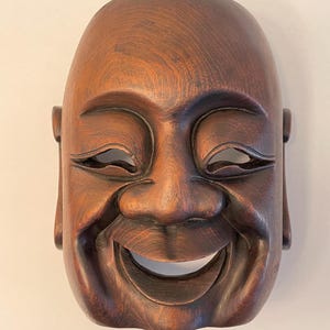 Noh Mask Solid Wood Japanese Collectible - 10&quot; Tall