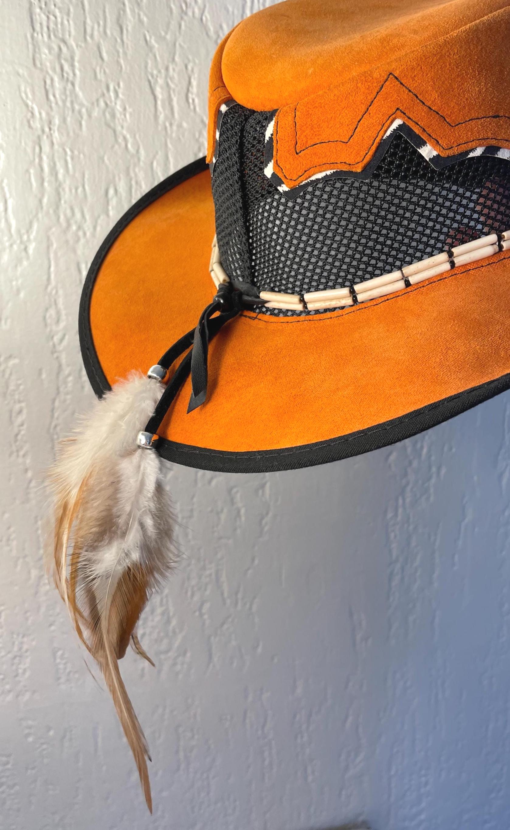 Vintage Orange Suede Cowboy Hat – Zebra Print, Feather  display picture 3