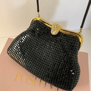Black Clutch Purse - Shiny Metal Mesh w/Shoulder Strap Vtg