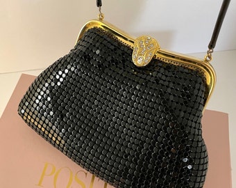 Black Clutch Purse - Shiny Metal Mesh w/Shoulder Strap Vtg