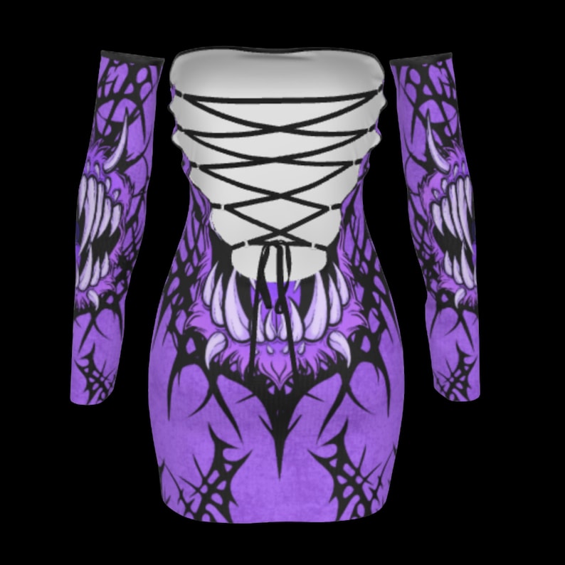 May include: A purple off-the-shoulder dress with long sleeves. The dress features a white corset-style back with black lacing. The design includes a graphic of a monster's teeth and claws in black and white.
