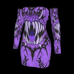 May include: A purple off-the-shoulder dress with long sleeves. The dress features a large, detailed graphic of a monster's face with sharp white teeth and horns. Black spiderweb-like patterns are also visible on the dress.