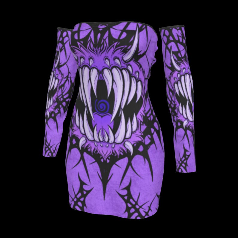 May include: A purple off-the-shoulder dress with long sleeves. The dress features a large, detailed graphic of a monster's face with sharp white teeth and horns. Black spiderweb-like patterns are also visible on the dress.