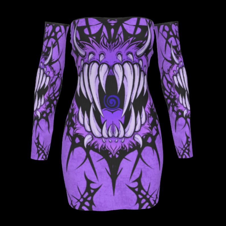 May include: A purple off-the-shoulder dress with long sleeves, featuring a graphic design of a monster's face with sharp white teeth and a black outline. The dress has a fitted silhouette.